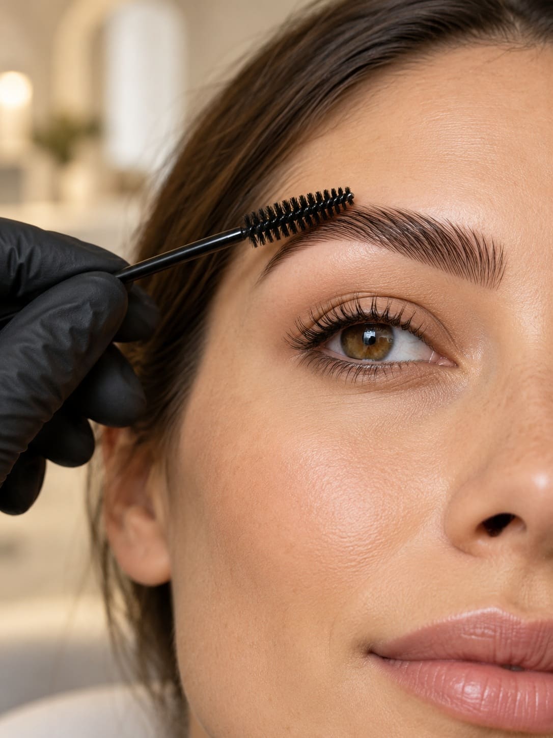 Beauty professional applying eyebrow gel with spoolie brush to client's brow