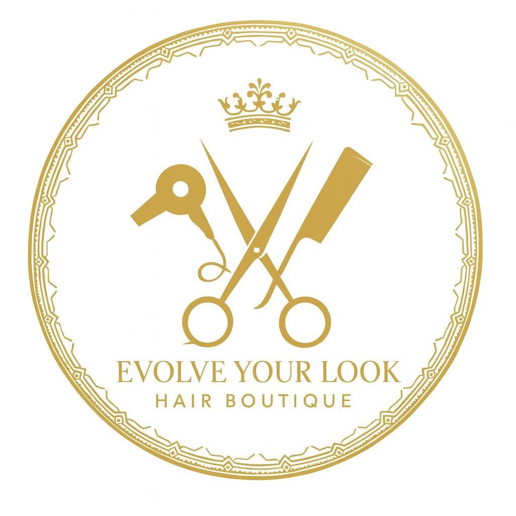 Gold logo for Evolve Your Look Hair Boutique with scissors, comb, and razor tools