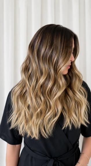 Woman with long wavy blonde balayage hair wearing black top against white curtain
